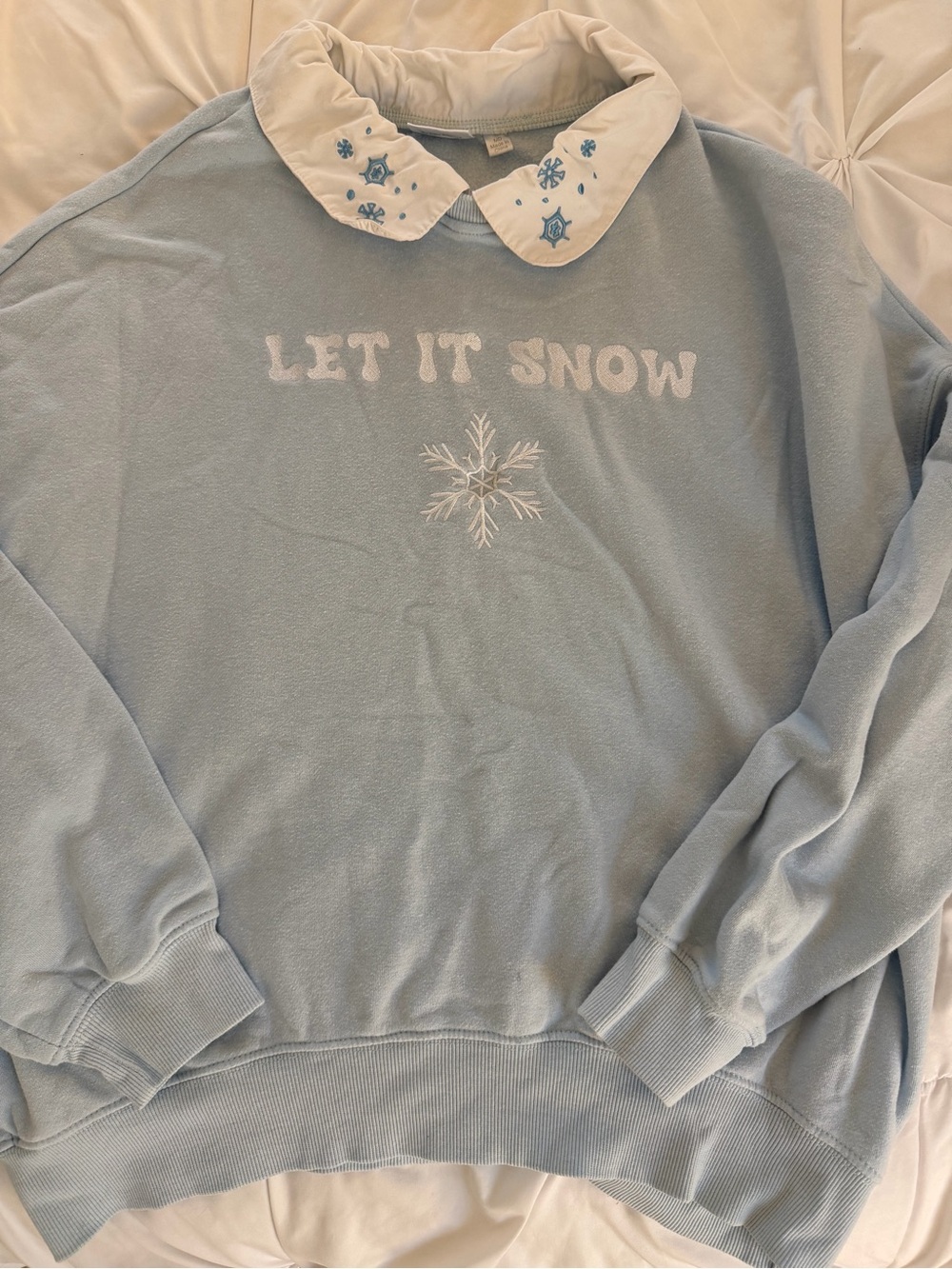 Let It Snow Crewneck Sweater with Embroidered Snowflake - Light Blue